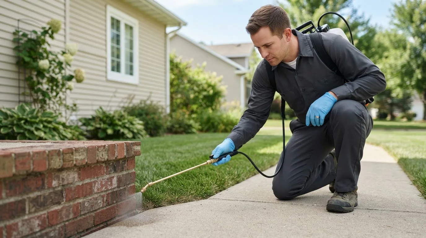 Pest control technician treating a home near Osnabrock, ND